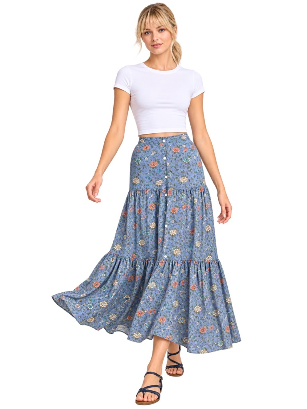 Max Studio Tiered Floral Peasant Skirt Maxi Prairie Button Front Layered